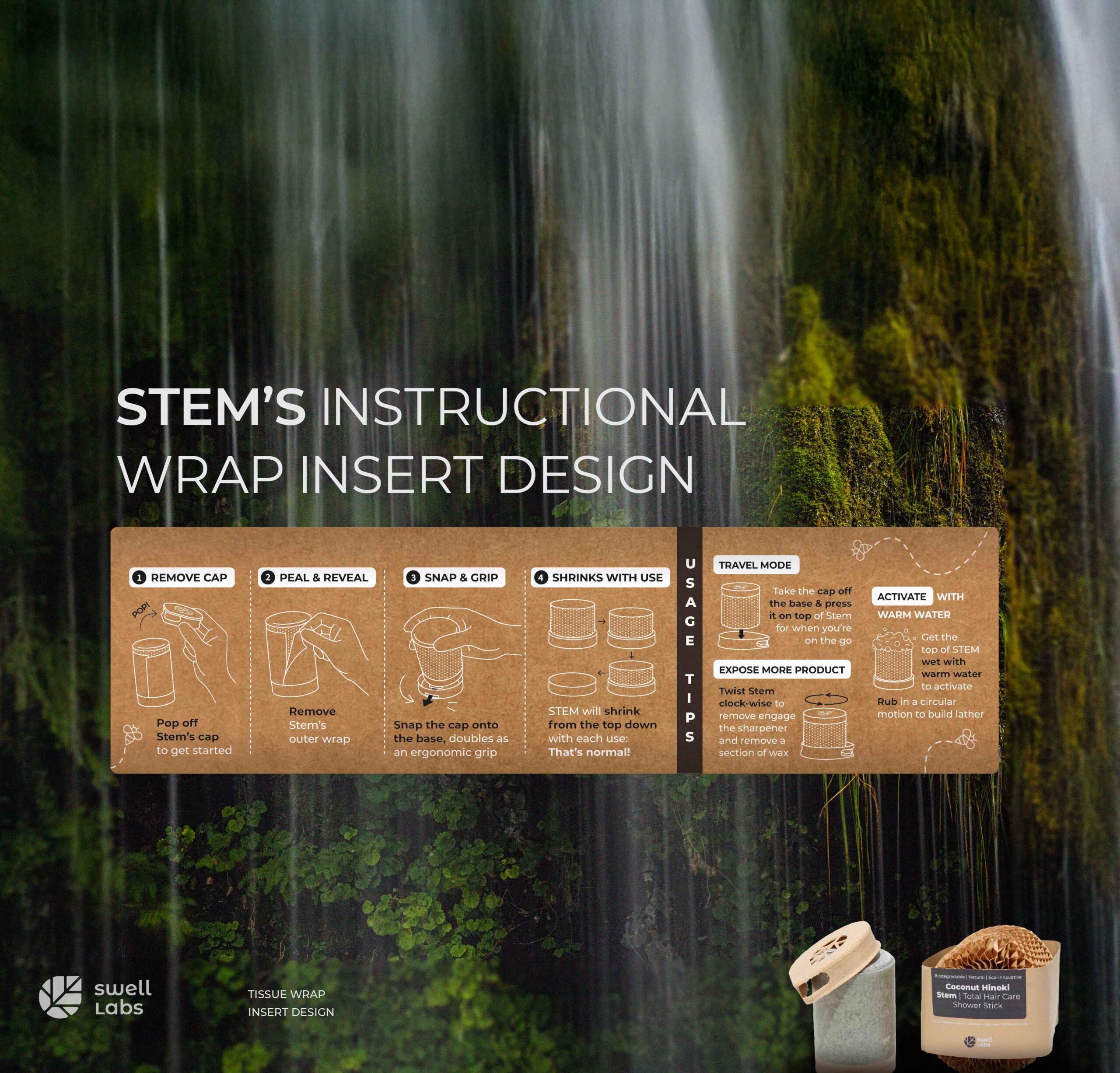 Layout design + Instructional illustration for STEM's tissue wrap insert.