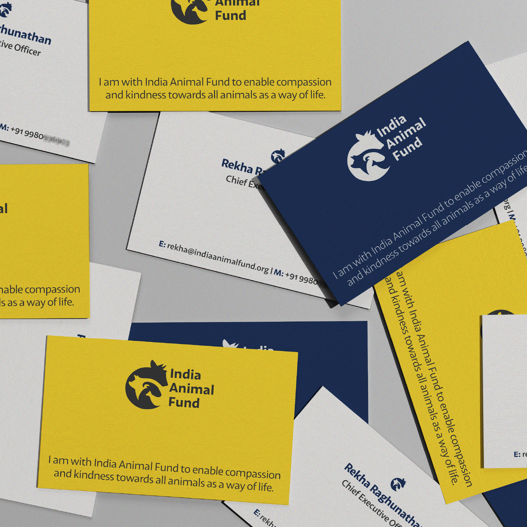 Premium business card mockup showing both front and back design for India Animal Fund