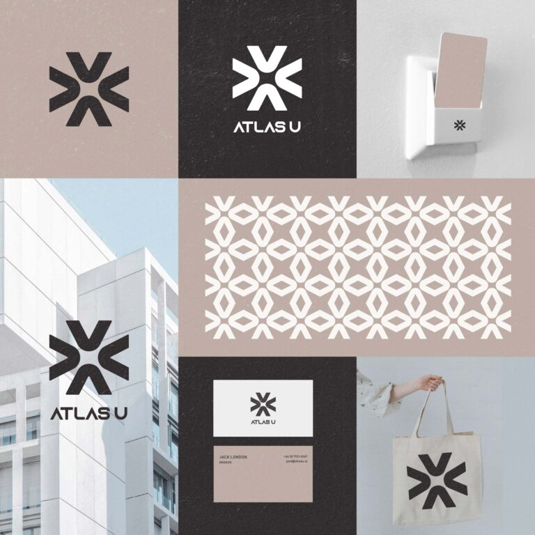 Atlas U branding design – minimalist real estate logo with circular motif and neutral color palette by Shruti Singh