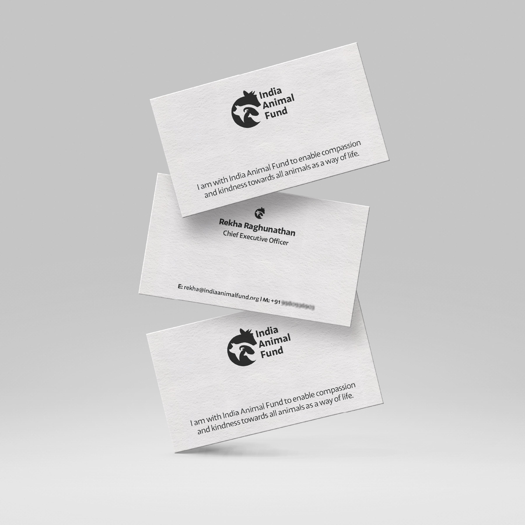 Premium business card mockup showing both front and back design for India Animal Fund